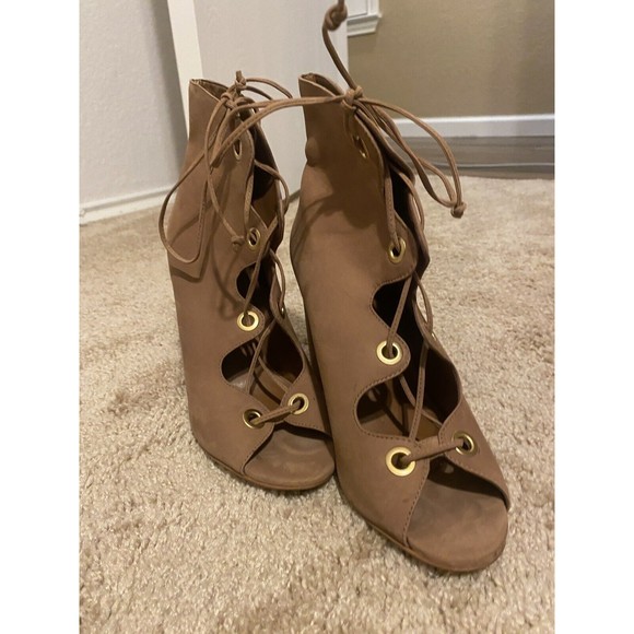 Steve Madden Boots Womens 8 Carusso Tan Leather Peep Toe Block Heel Lace Up - Picture 2 of 6